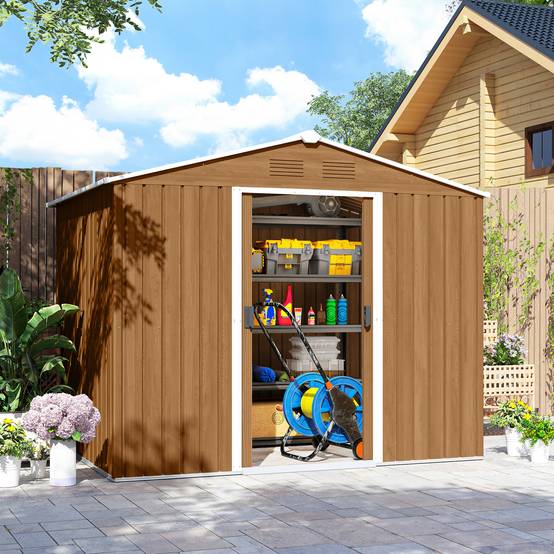ComfortXL - Abri de jardin en acier galvanisé marron foncé 3,6 m² 236 x 171 x 191 cm pour outils à portes coulissantes - Image 8