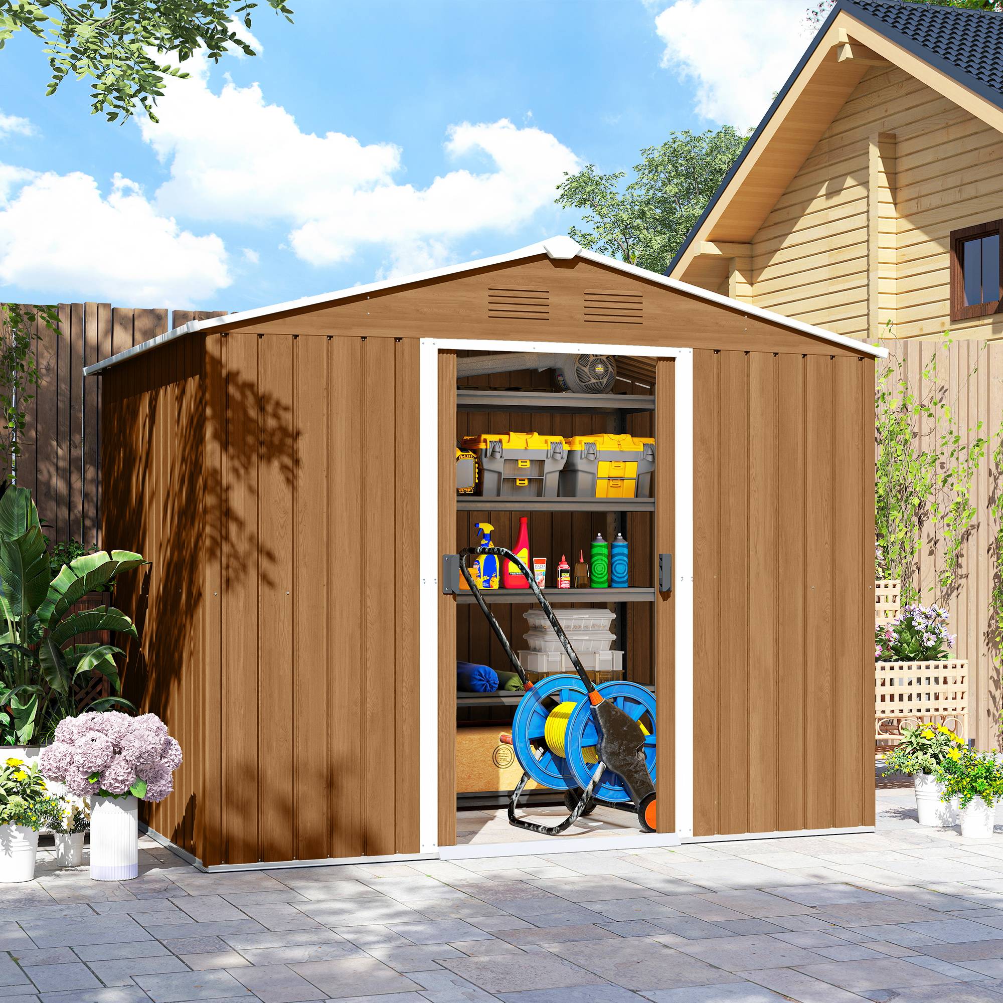 ComfortXL - Abri de jardin en acier galvanisé marron foncé 3,6 m² 236 x 171 x 191 cm pour outils à portes coulissantes - Image 8