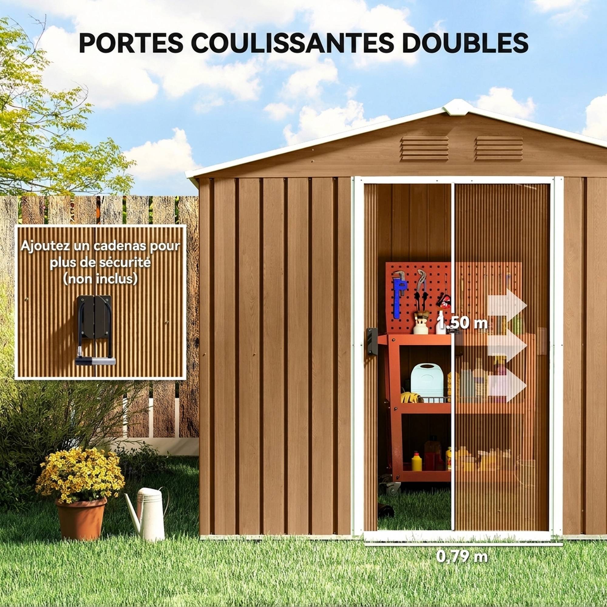 ComfortXL - Abri de jardin en acier galvanisé marron foncé 3,6 m² 236 x 171 x 191 cm pour outils à portes coulissantes - Image 5