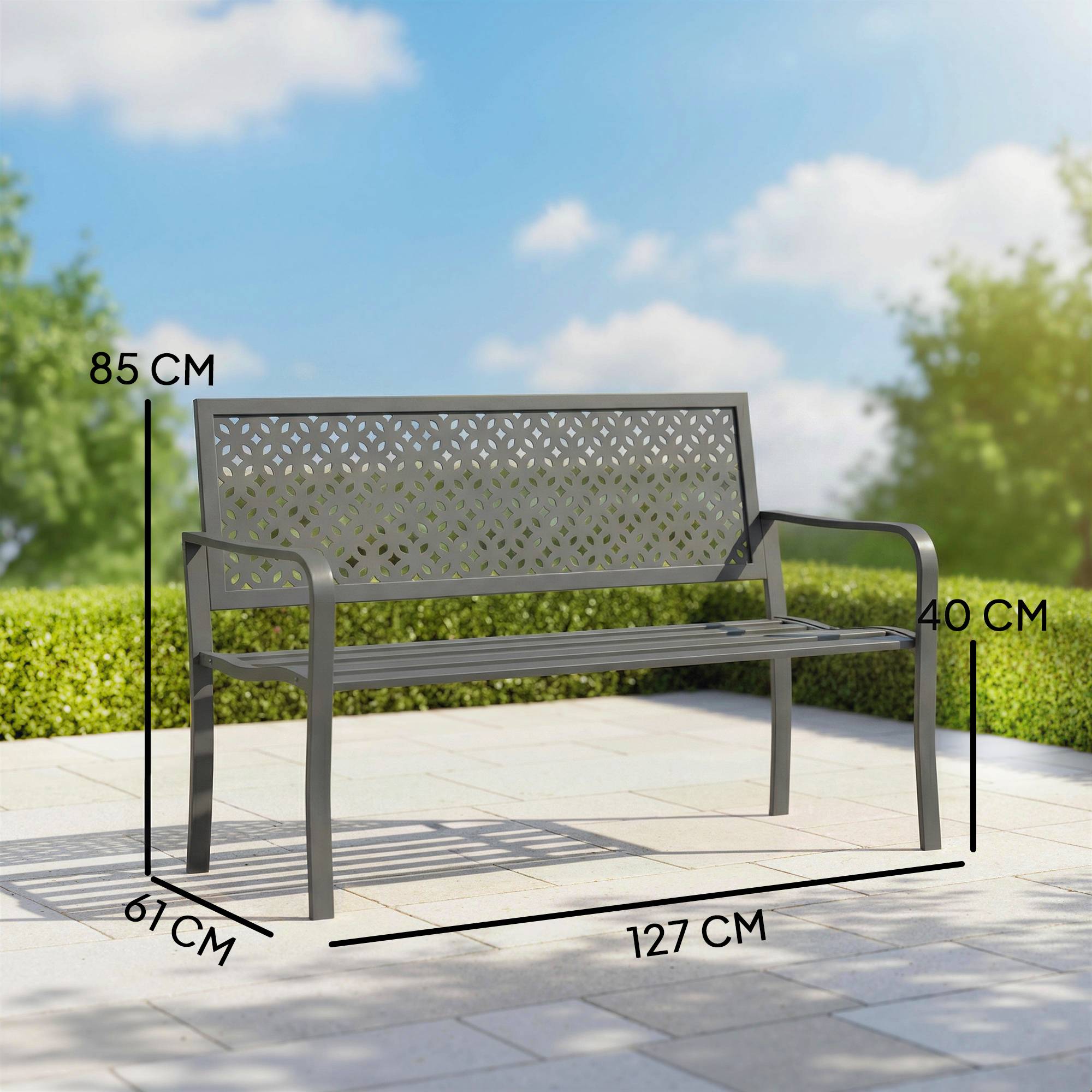 Banc d'extérieur en métal, 2 places, avec dossier géométrique antirouille et accoudoirs, gris foncé - Image 5