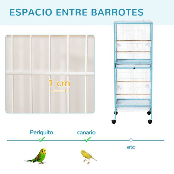 Cage à oiseaux à 2 niveaux avec roulettes, plateaux amovibles et portes, 51,5 x 50 x 140 cm, bleue - Image 9