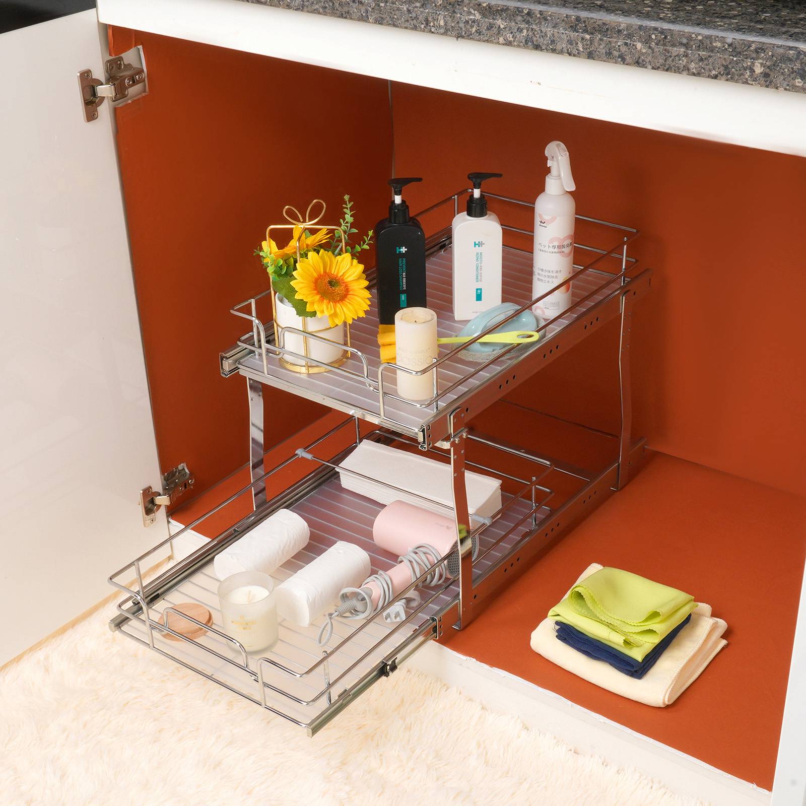 Vevor - VEVOR étagère coulissante 2 étages 355x539x383 mm, acier chromé, charge 30 kg, rangement sous évier pour placard 385x569x483 mm - Image 7