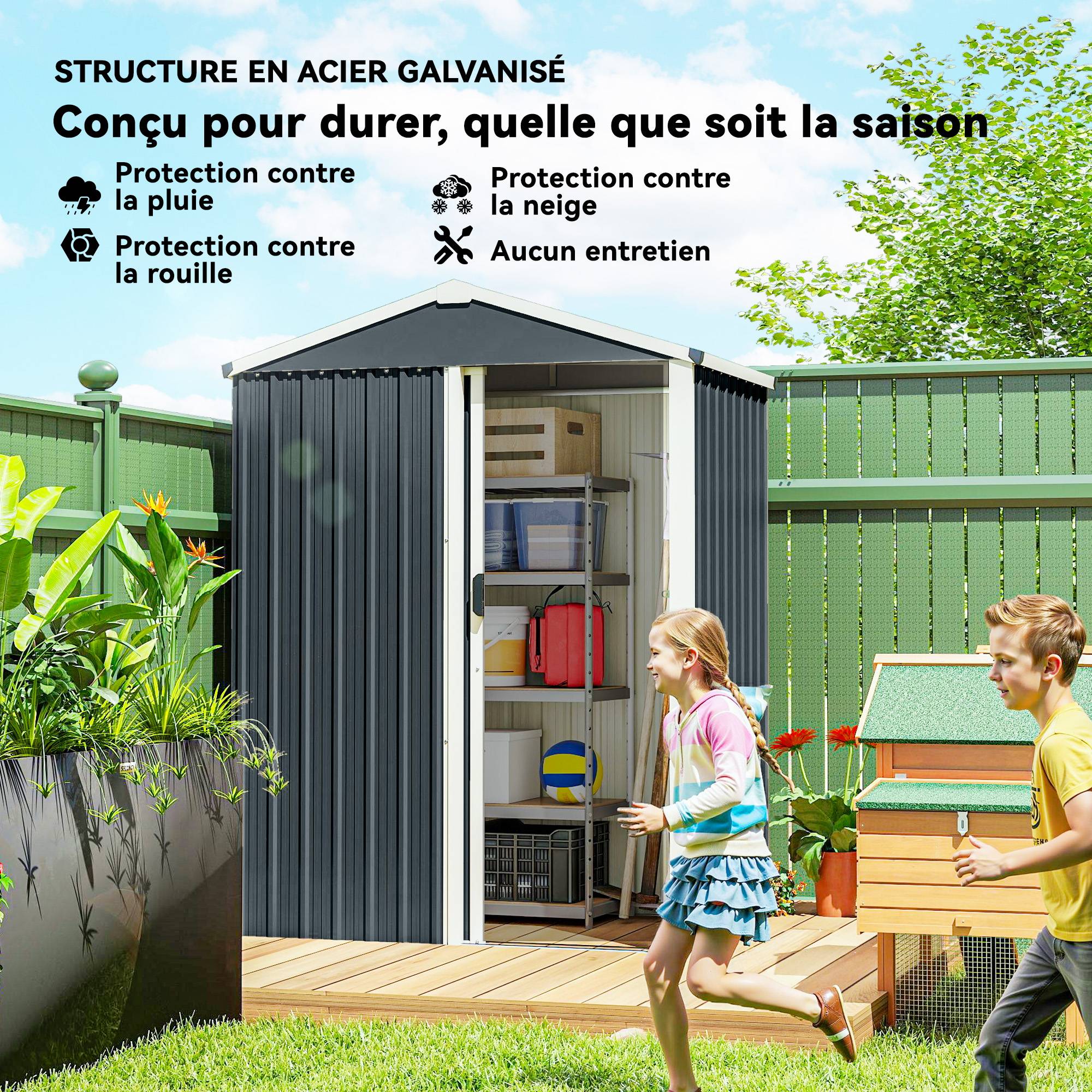 ComfortXL - Cabanon extérieur métal acier galvanisé rangement outils 136x87x179cm gris foncé - ComfortXL Outdoor Living - Image 6