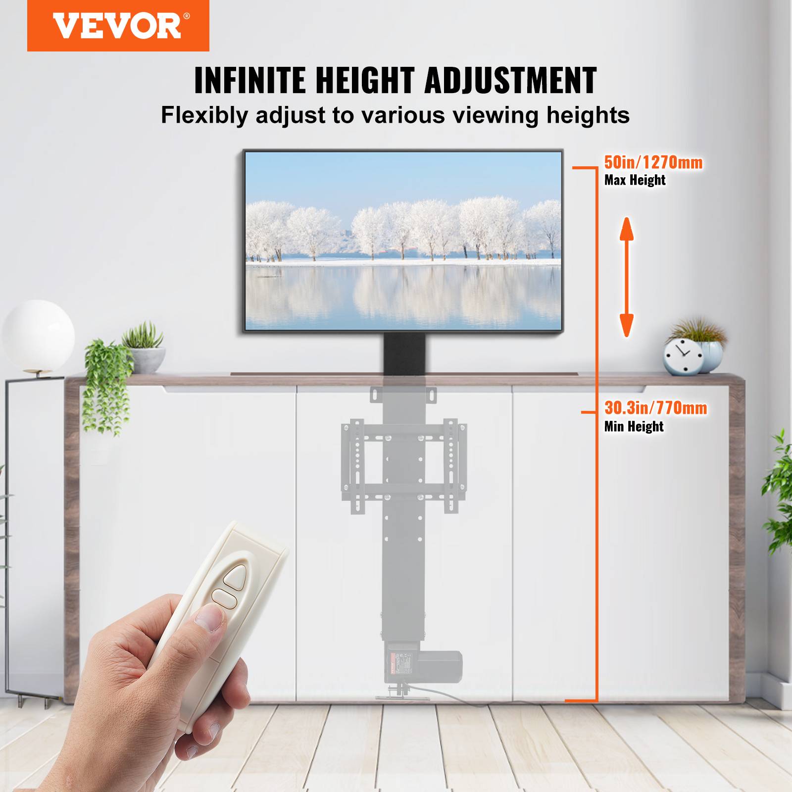 VEVOR Support mural TV motorisé, écrans 28-32". Charge 60kg, hauteur réglable 77.4-127.4cm. - Image 2