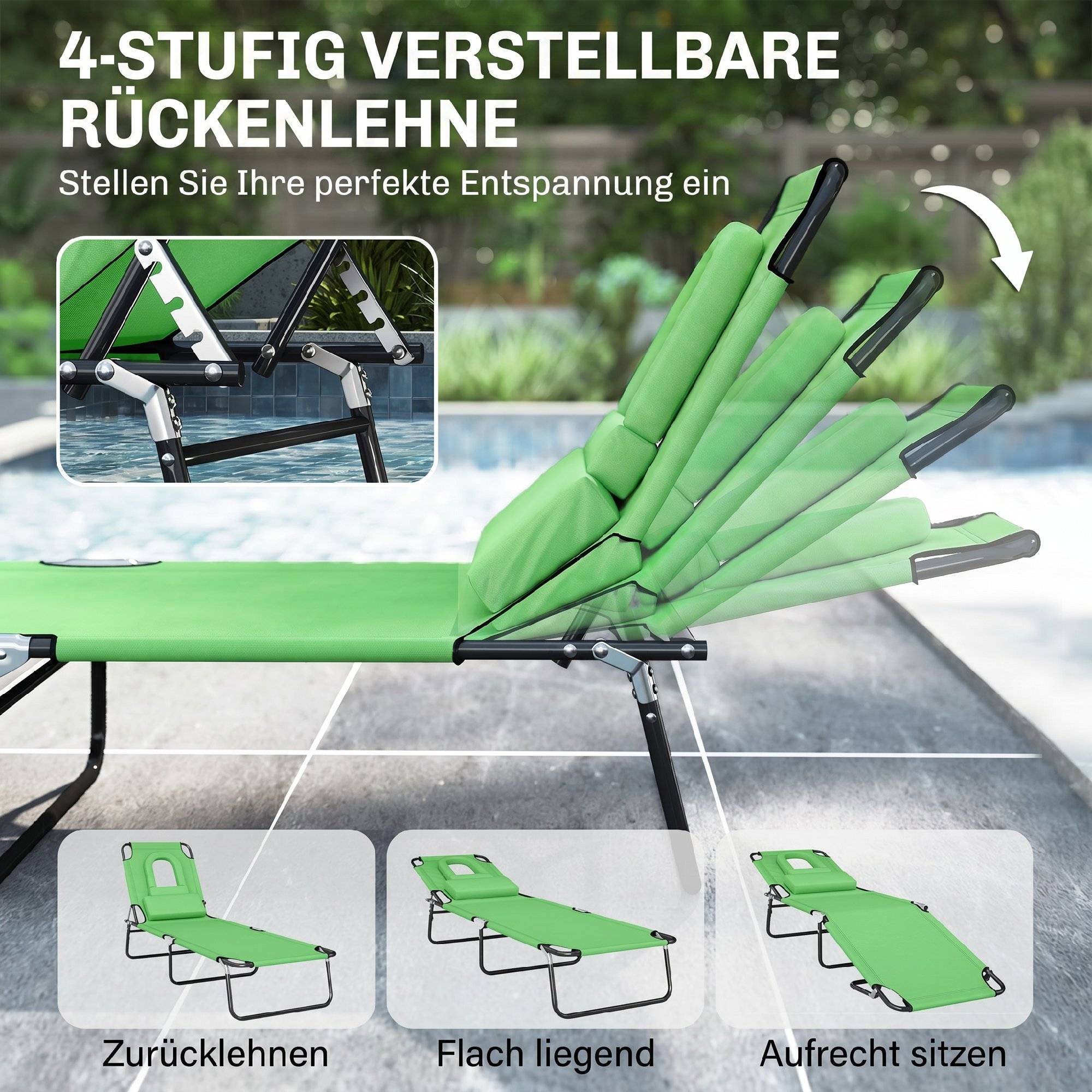 Transat avec ouverture pour le visage et coussin, pliable, housse déperlante, structure en métal, vert - Image 7