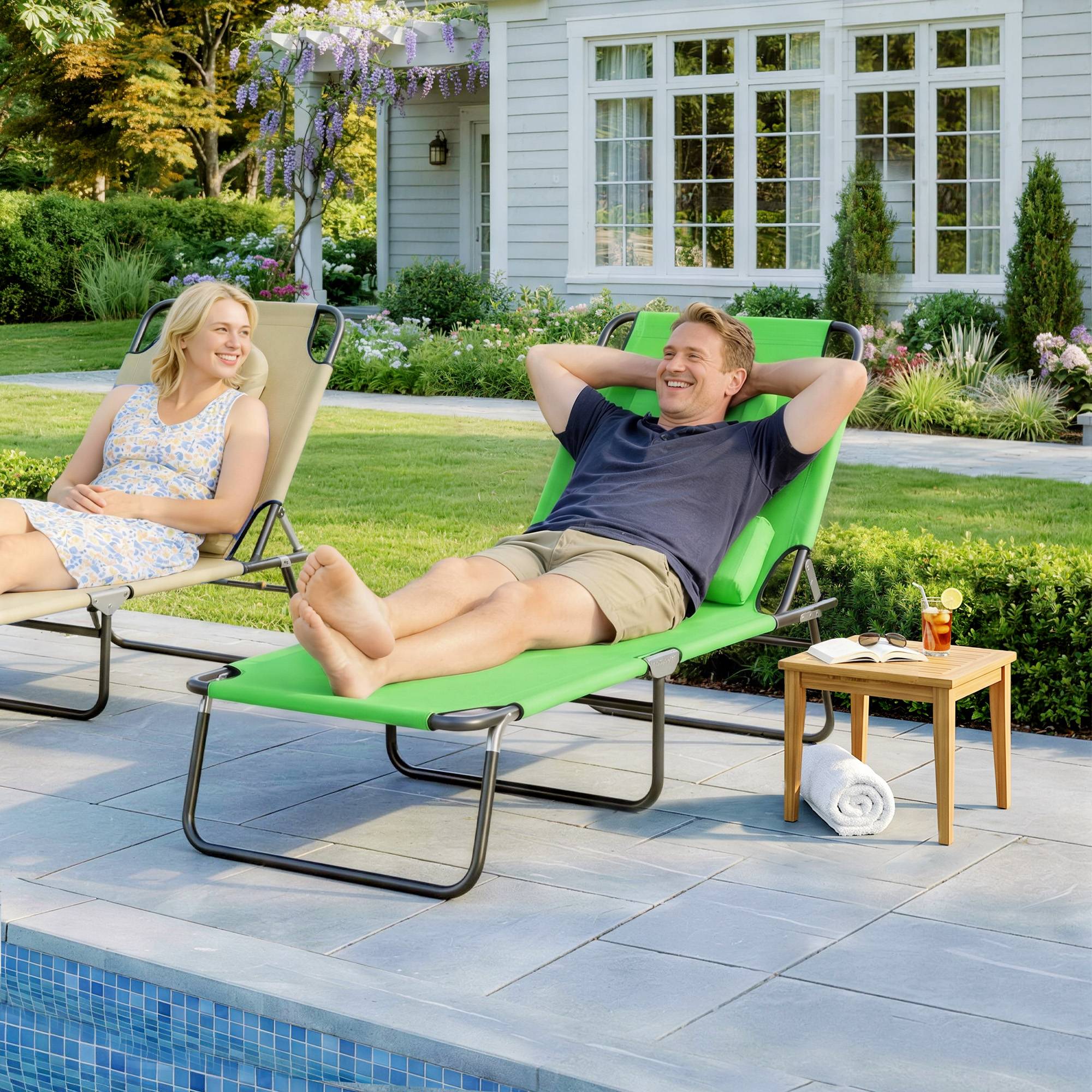 Transat avec ouverture pour le visage et coussin, pliable, housse déperlante, structure en métal, vert - Image 4