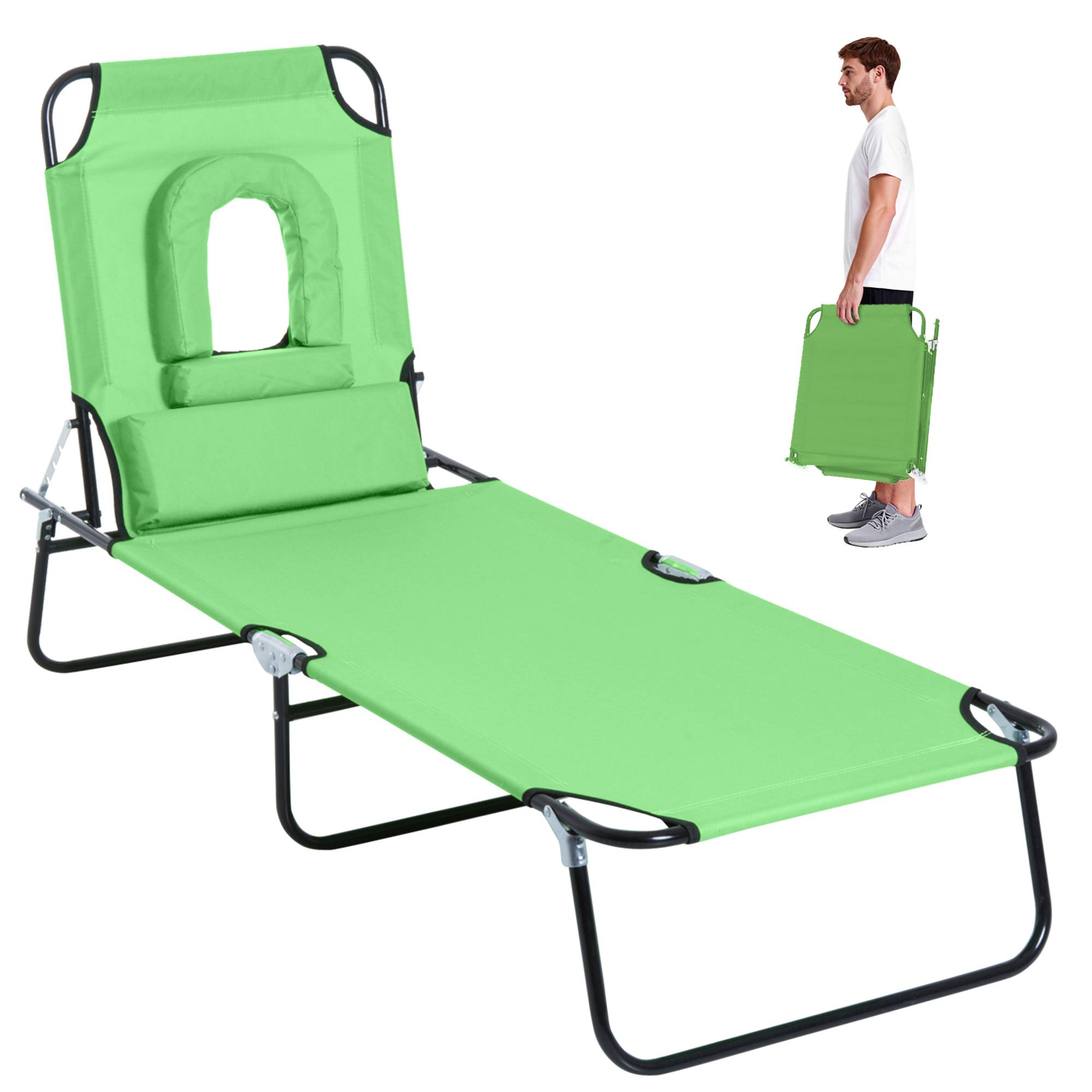Transat avec ouverture pour le visage et coussin, pliable, housse déperlante, structure en métal, vert - Image 1