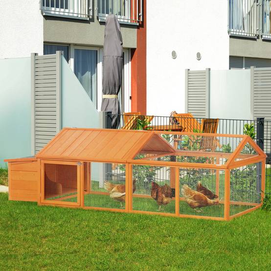 Poulailler en bois pour 4 à 8 poules, avec grillage et toit ouvrant, 240 x 112,5 x 76 cm, orange - Image 4