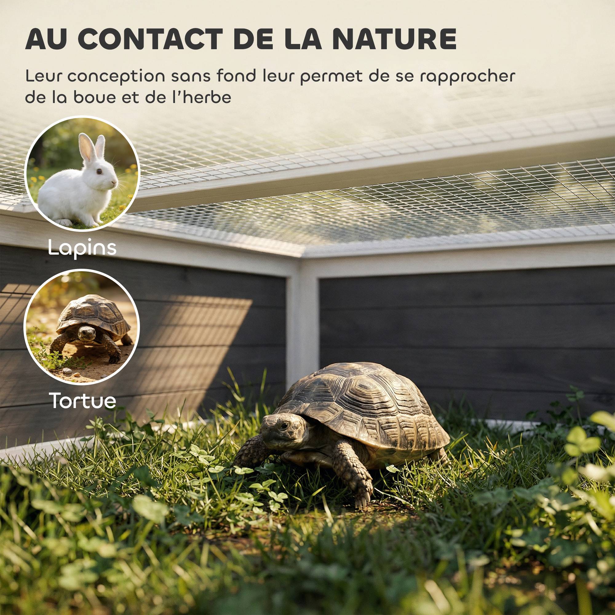 Sans Marque - Maison Tortue Terrestre Habitat 2 Zones avec Double Toit Ouvrant Bitumé et Grillagé Fenêtre 113x106,5x44,5cm Gris Foncé - Image 7