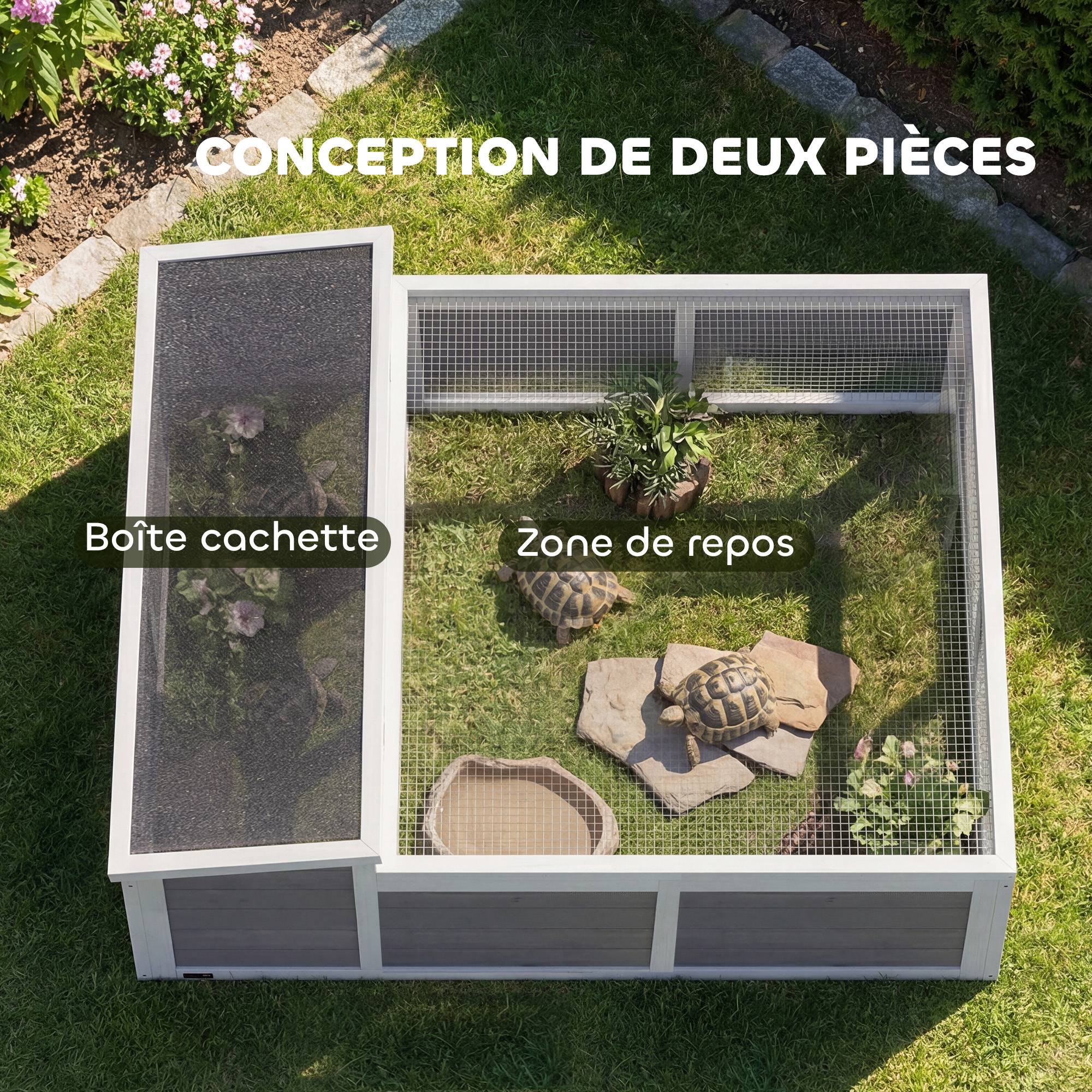 Sans Marque - Maison Tortue Terrestre Habitat 2 Zones avec Double Toit Ouvrant Bitumé et Grillagé Fenêtre 113x106,5x44,5cm Gris Foncé - Image 6