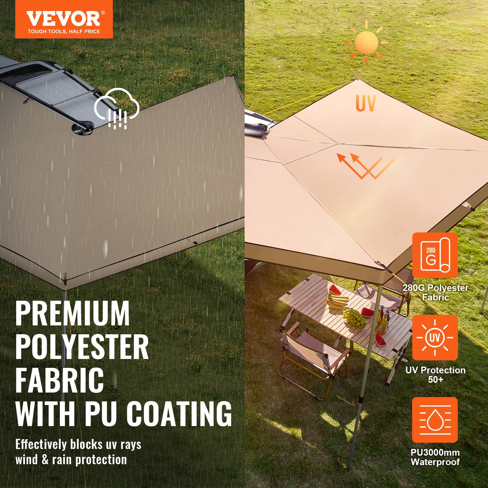VEVOR Auvent voiture rétractable 270° 2.5m, PU UV50+, résistant, avec sac, pour SUV, camping-cars. - Image 2