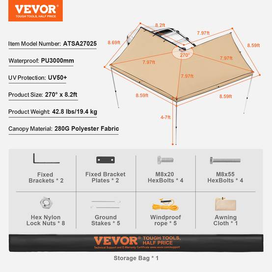 VEVOR Auvent voiture rétractable 270° 2.5m, PU UV50+, résistant, avec sac, pour SUV, camping-cars. - Image 7
