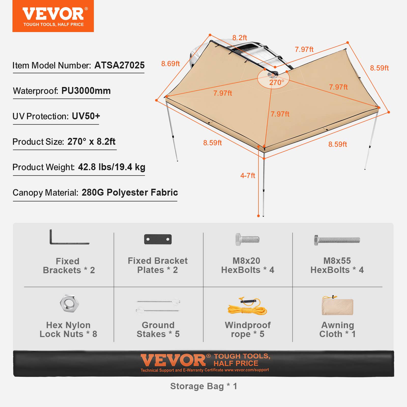 VEVOR Auvent voiture rétractable 270° 2.5m, PU UV50+, résistant, avec sac, pour SUV, camping-cars. - Image 7