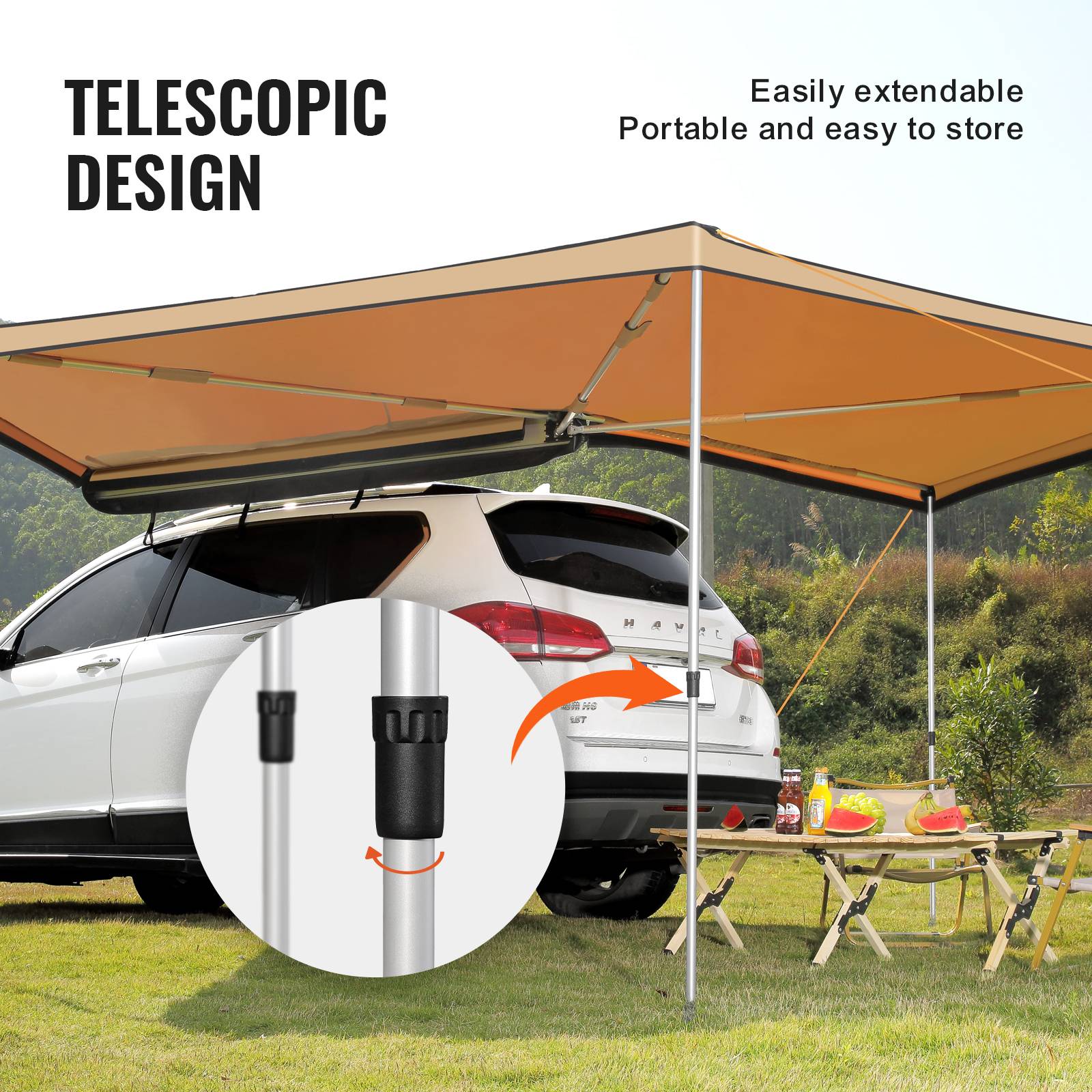 VEVOR Auvent voiture rétractable 270° 2.5m, PU UV50+, résistant, avec sac, pour SUV, camping-cars. - Image 4