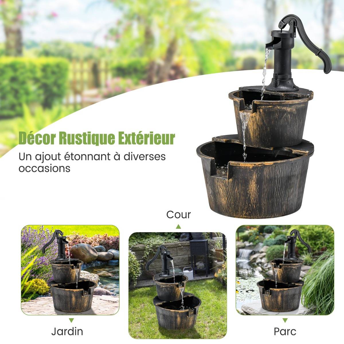 Fontaine de Jardin Décorative d’ Extérieure à 2 Étages en PP avec Pompe Puissante Ecoulement d’Eau Réglable Vintage - Image 8