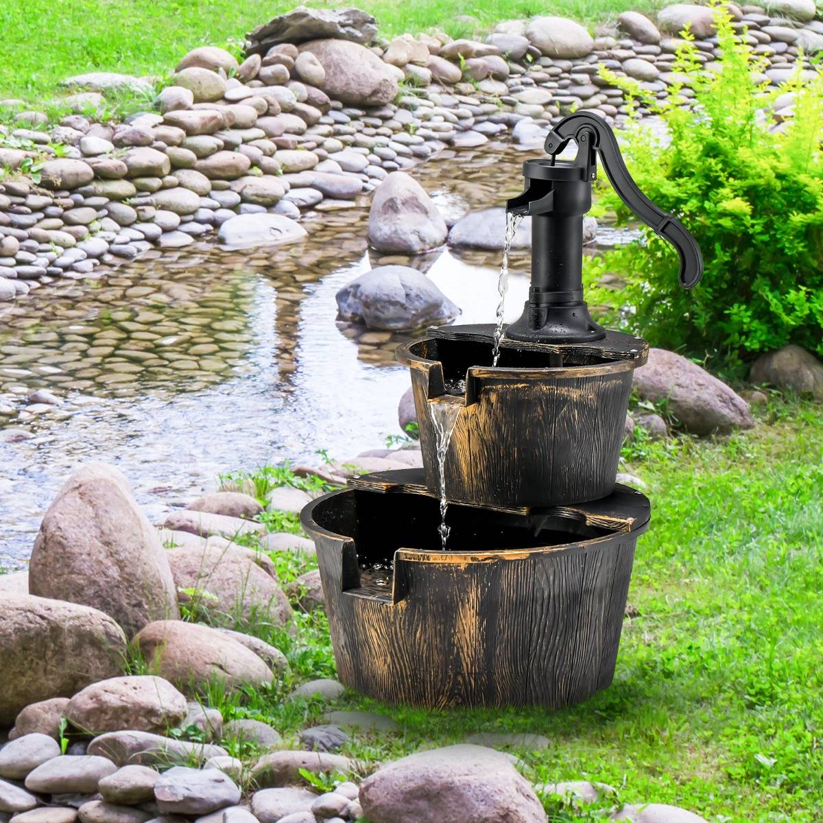 Fontaine de Jardin Décorative d’ Extérieure à 2 Étages en PP avec Pompe Puissante Ecoulement d’Eau Réglable Vintage - Image 3