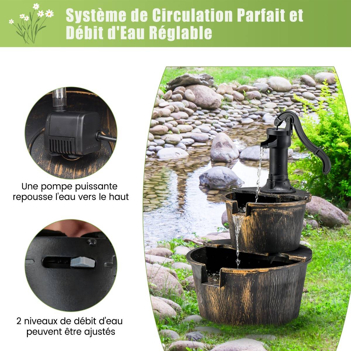 Fontaine de Jardin Décorative d’ Extérieure à 2 Étages en PP avec Pompe Puissante Ecoulement d’Eau Réglable Vintage - Image 7