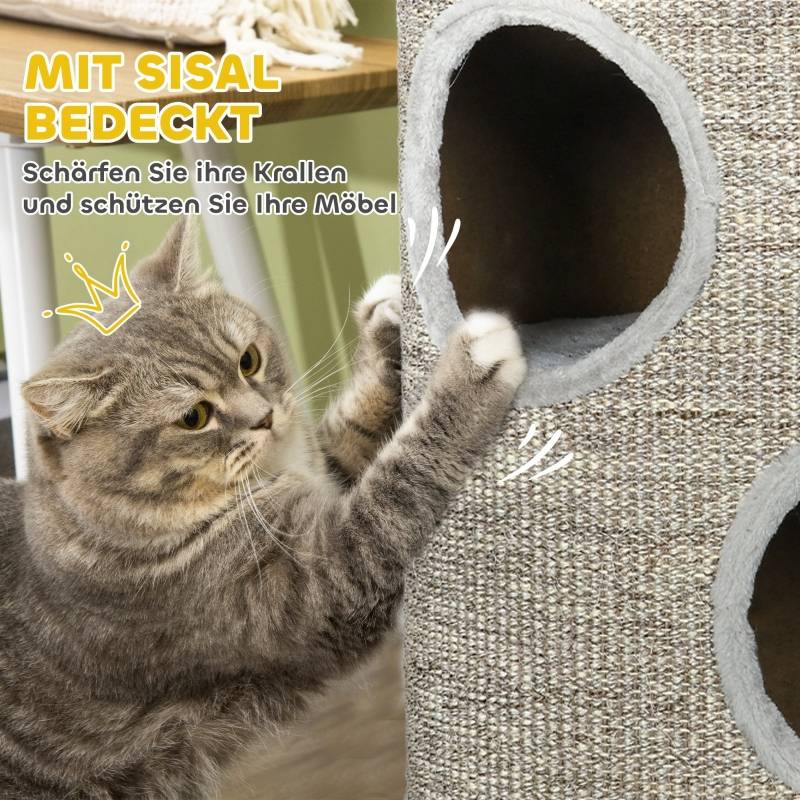 Tour à griffer chat tonneau Bois Sisal 3 niveaux repos jeu 38x70 cm Gris clair - ComfortXL Outdoor Living - Image 6