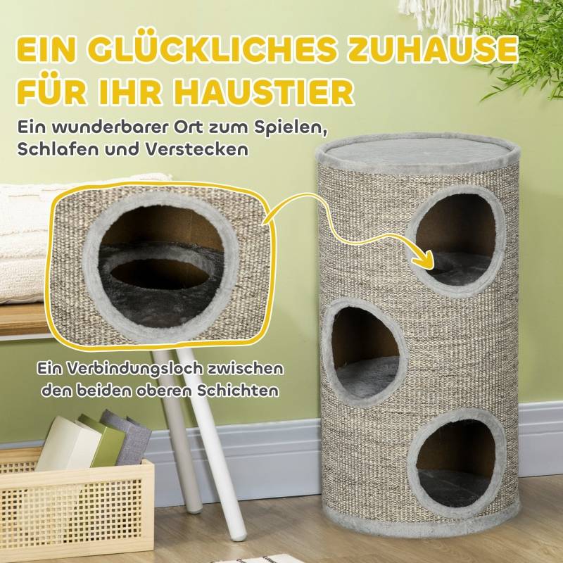 Tour à griffer chat tonneau Bois Sisal 3 niveaux repos jeu 38x70 cm Gris clair - ComfortXL Outdoor Living - Image 4