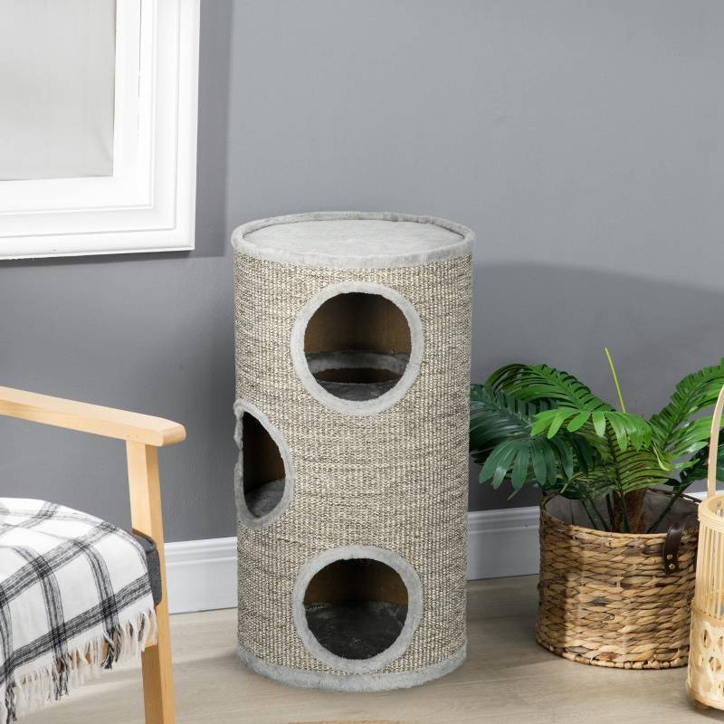 Tour à griffer chat tonneau Bois Sisal 3 niveaux repos jeu 38x70 cm Gris clair - ComfortXL Outdoor Living - Image 7