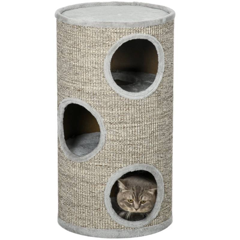 Tour à griffer chat tonneau Bois Sisal 3 niveaux repos jeu 38x70 cm Gris clair - ComfortXL Outdoor Living - Image 2