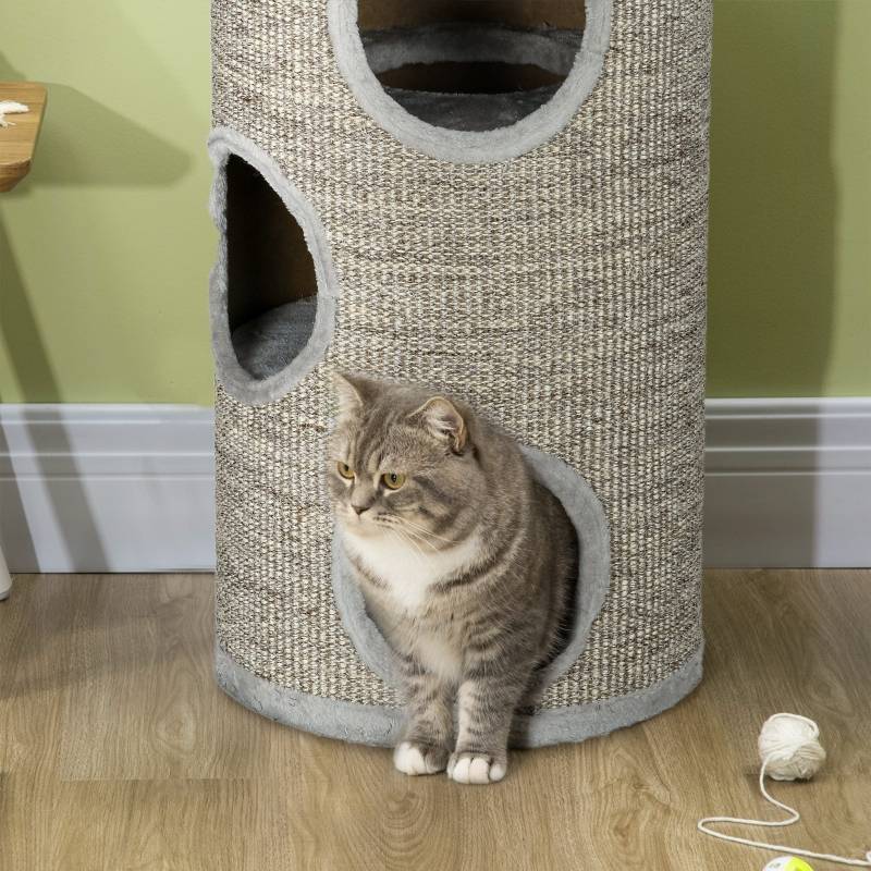 Tour à griffer chat tonneau Bois Sisal 3 niveaux repos jeu 38x70 cm Gris clair - ComfortXL Outdoor Living - Image 8