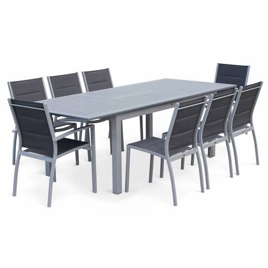 sweeek - Table de jardin extensible aluminium + 8 assises - Chicago Gris - Table en aluminium 175/245cm avec rallonge et 8 assises en textilène | sweeek - Image 2