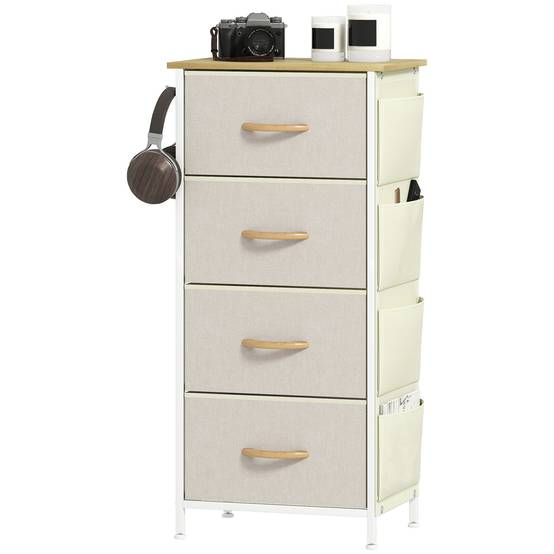 Commode tissu avec 4 tiroirs poches latérales et crochets, meuble rangement chambre bureau salon beige - Image 1
