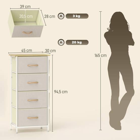 Commode tissu avec 4 tiroirs poches latérales et crochets, meuble rangement chambre bureau salon beige - Image 5