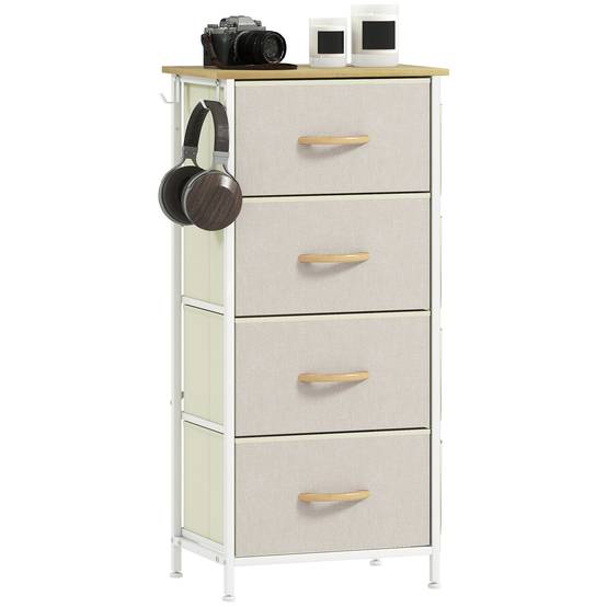 Commode tissu avec 4 tiroirs poches latérales et crochets, meuble rangement chambre bureau salon beige - Image 2