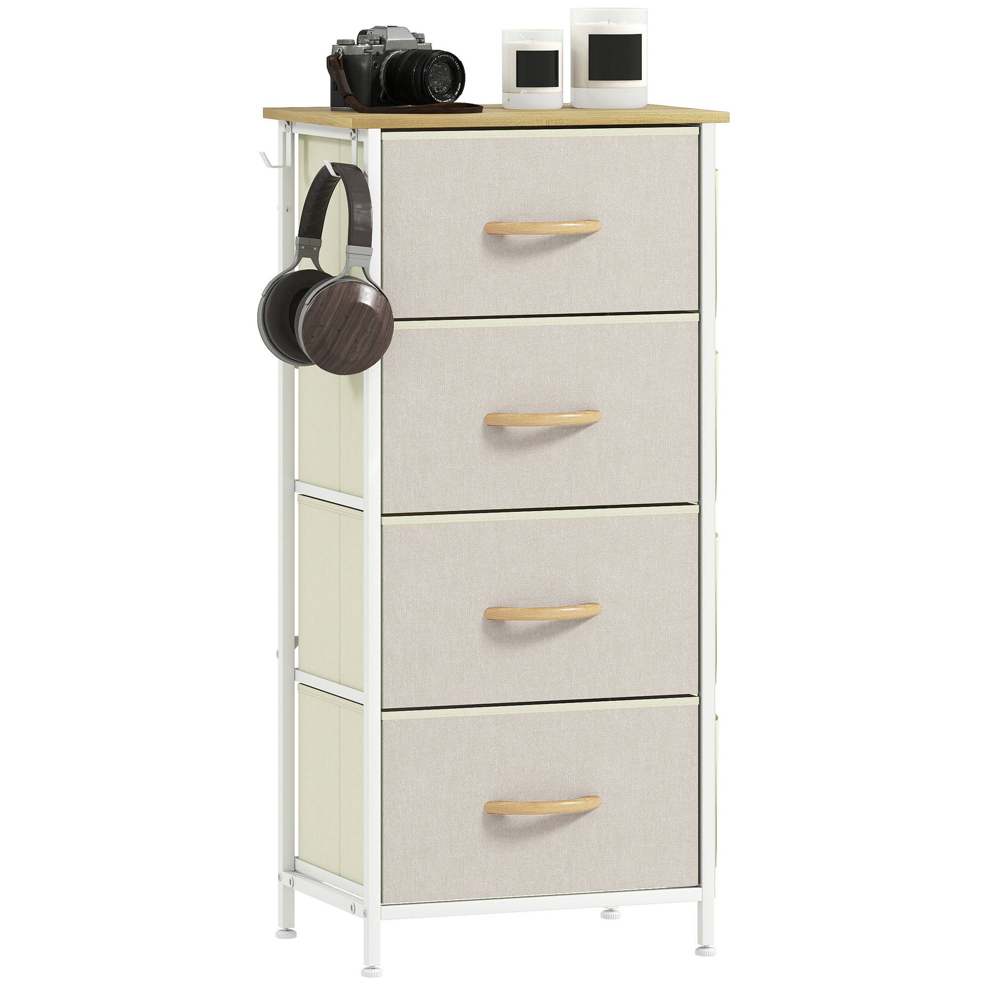 Commode tissu avec 4 tiroirs poches latérales et crochets, meuble rangement chambre bureau salon beige - Image 2
