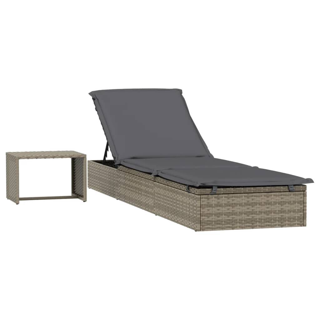 Helloshop26 - Transat chaise longue bain de soleil avec table résine tressée gris - Image 1