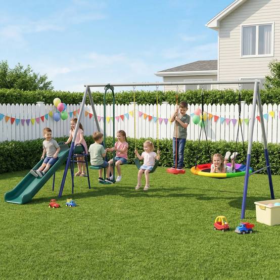 Sans Marque - Portique 5-en-1 avec toboggan, balançoire nid, 382x196x203cm, multicolore - Image 3