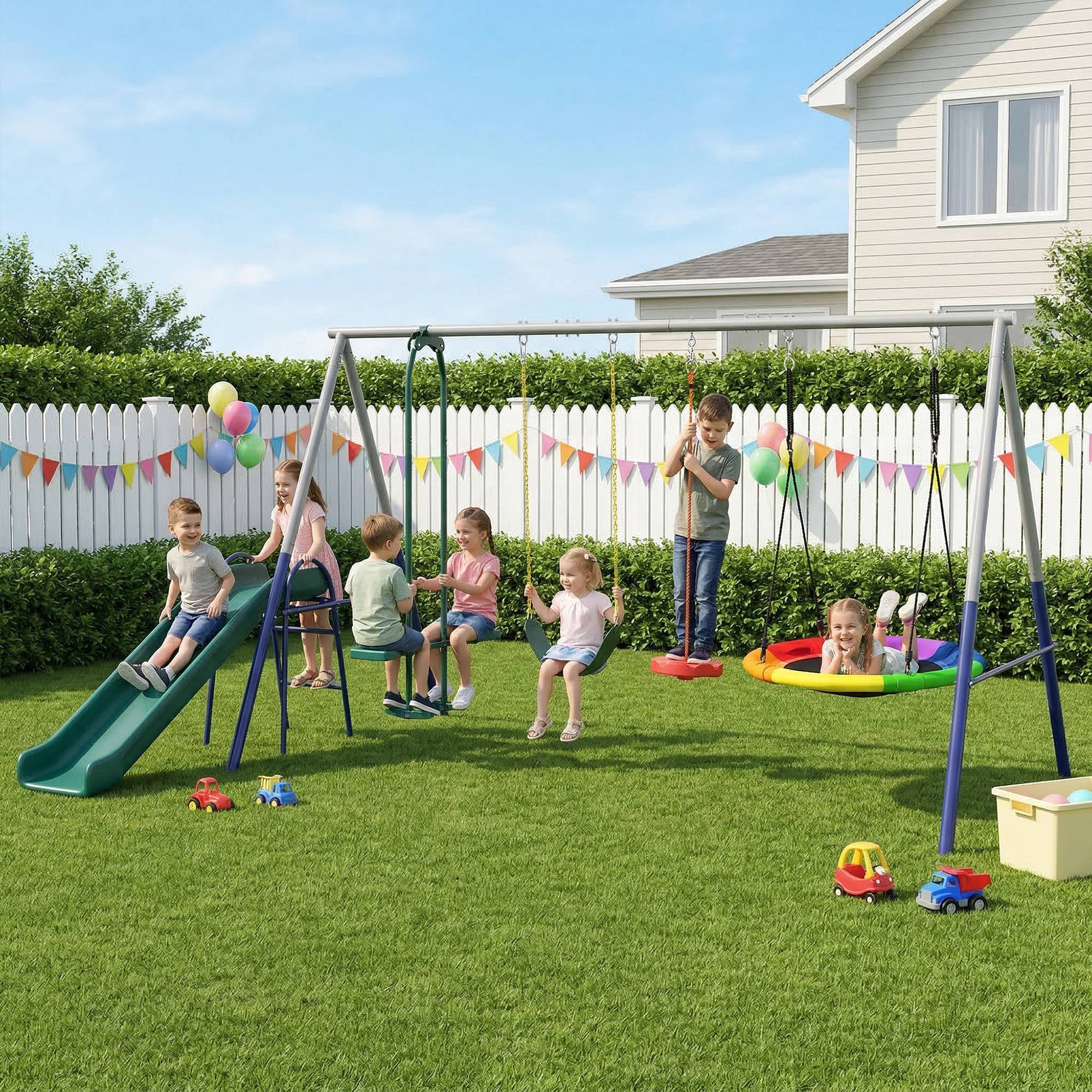 Sans Marque - Portique 5-en-1 avec toboggan, balançoire nid, 382x196x203cm, multicolore - Image 3