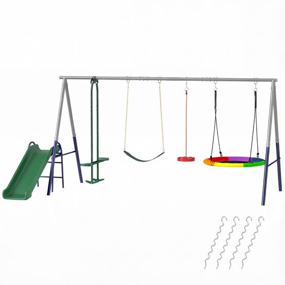 Sans Marque - Portique 5-en-1 avec toboggan, balançoire nid, 382x196x203cm, multicolore - Image 2