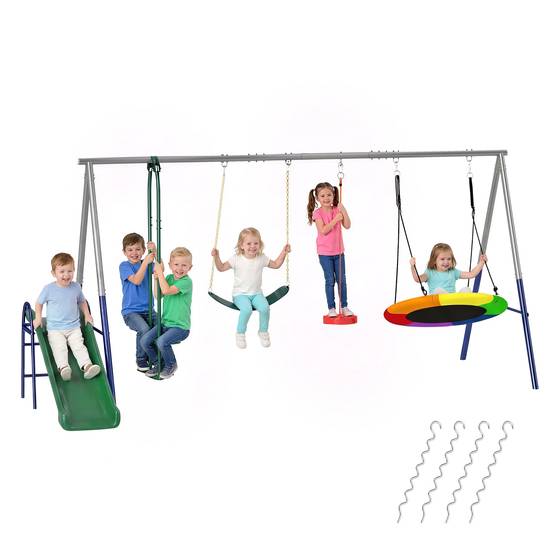 Sans Marque - Portique 5-en-1 avec toboggan, balançoire nid, 382x196x203cm, multicolore - Image 1