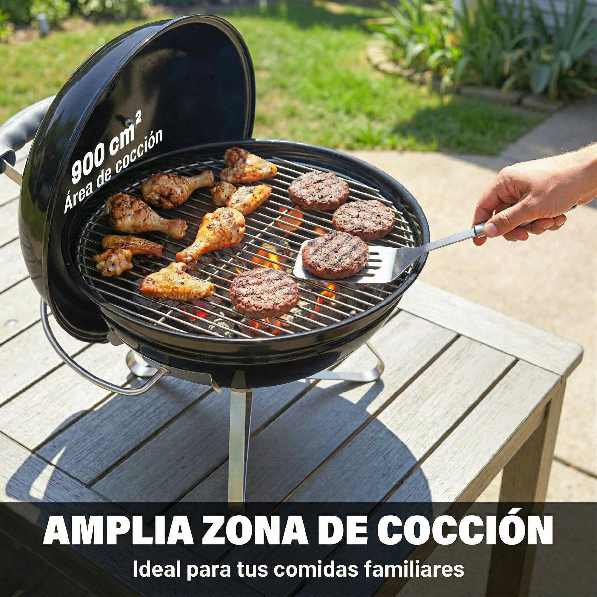 Barbecue à charbon portable rond avec couvercle, support, grille et ventilation réglable, Ø41x44 cm, couleur noire - Image 9