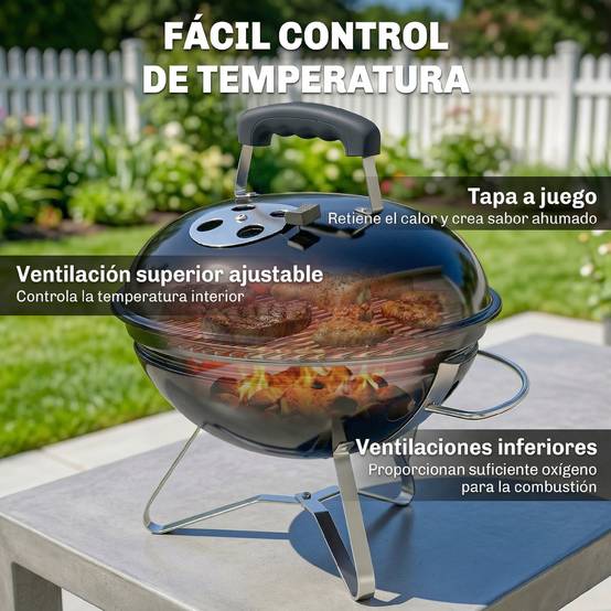 Barbecue à charbon portable rond avec couvercle, support, grille et ventilation réglable, Ø41x44 cm, couleur noire - Image 8