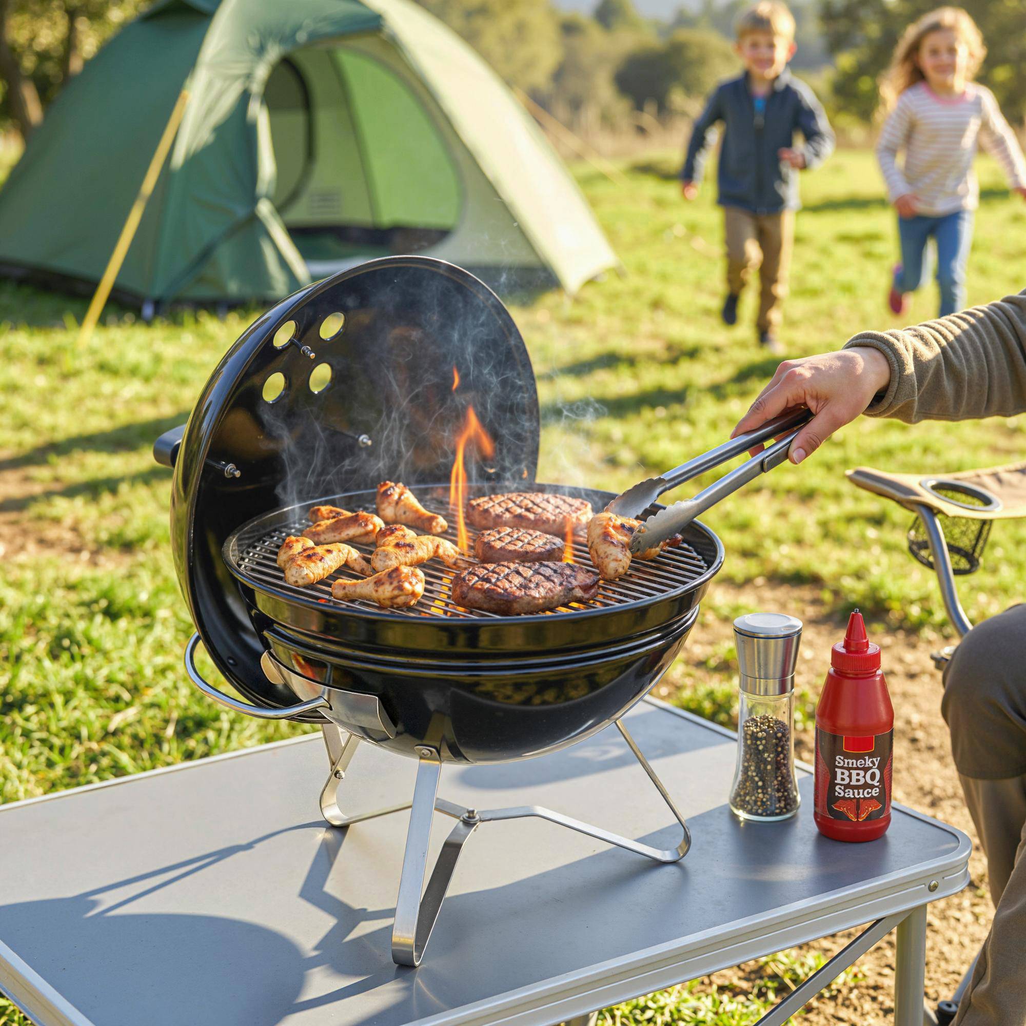 Barbecue à charbon portable rond avec couvercle, support, grille et ventilation réglable, Ø41x44 cm, couleur noire - Image 4