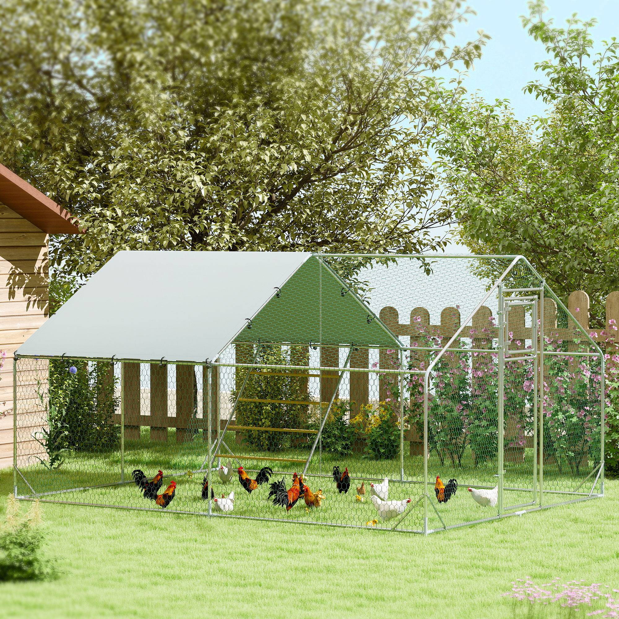 Sans Marque - Enclos poulailler extérieur parc grillagé 12 m² avec perchoir et mangeoire acier galvanisé Ø25mm 300x400x195cm argent - Image 3