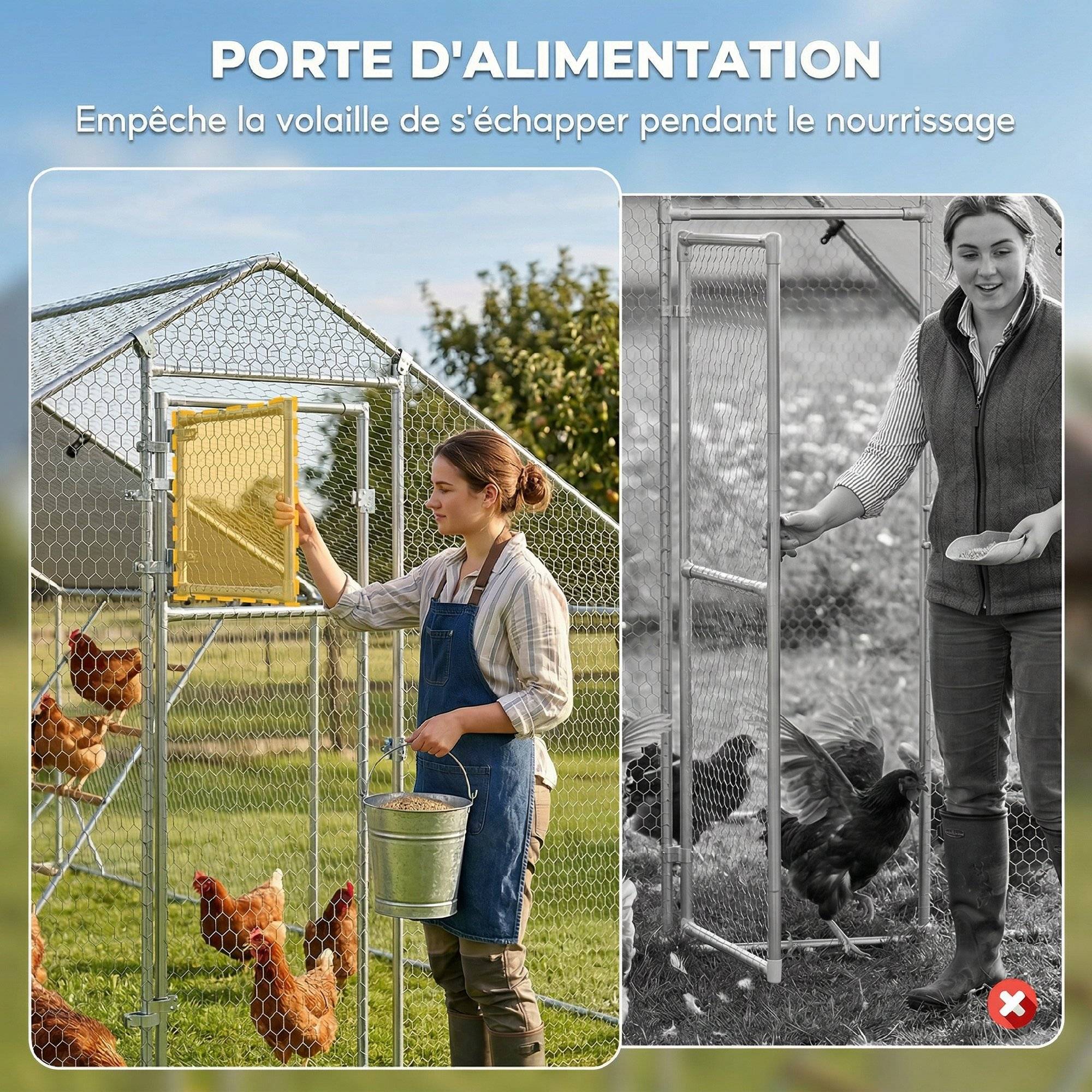 Sans Marque - Enclos poulailler extérieur parc grillagé 12 m² avec perchoir et mangeoire acier galvanisé Ø25mm 300x400x195cm argent - Image 8