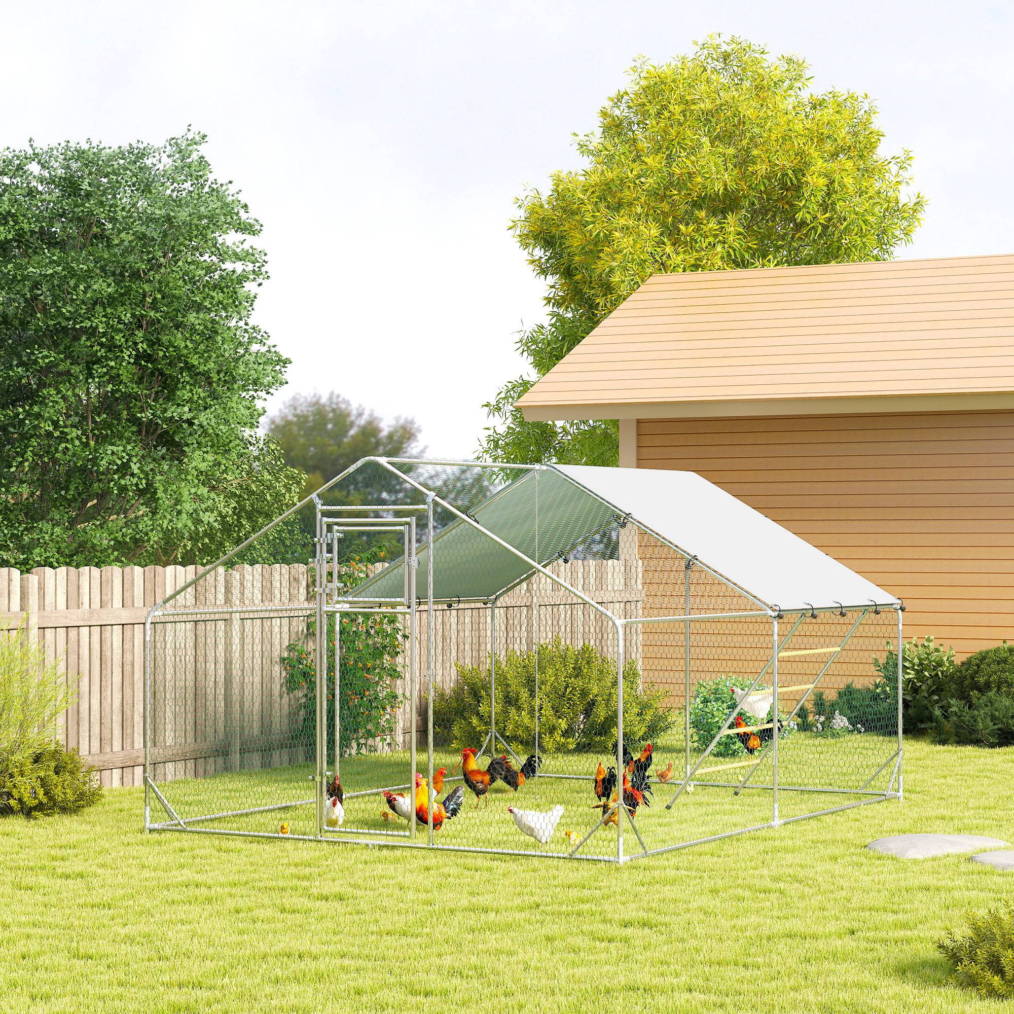 Sans Marque - Enclos poulailler extérieur parc grillagé 12 m² avec perchoir et mangeoire acier galvanisé Ø25mm 300x400x195cm argent - Image 4