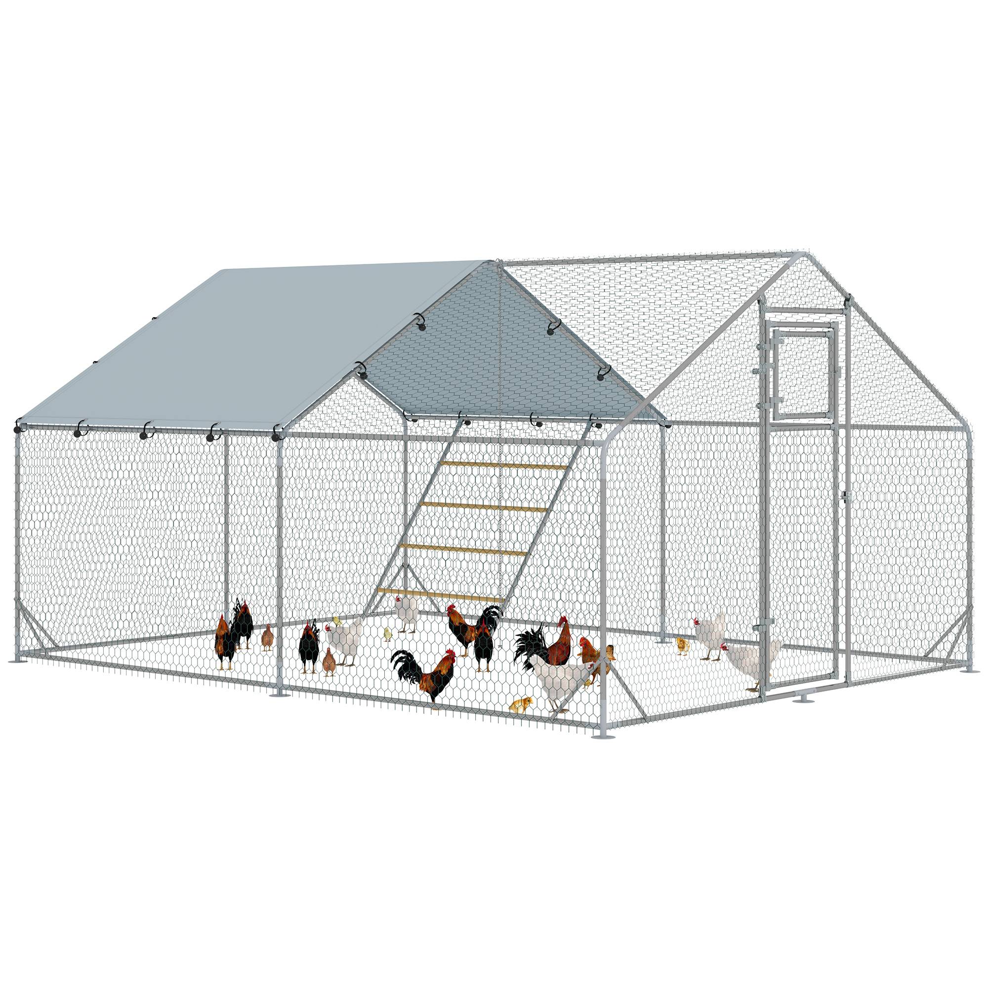 Sans Marque - Enclos poulailler extérieur parc grillagé 12 m² avec perchoir et mangeoire acier galvanisé Ø25mm 300x400x195cm argent - Image 1