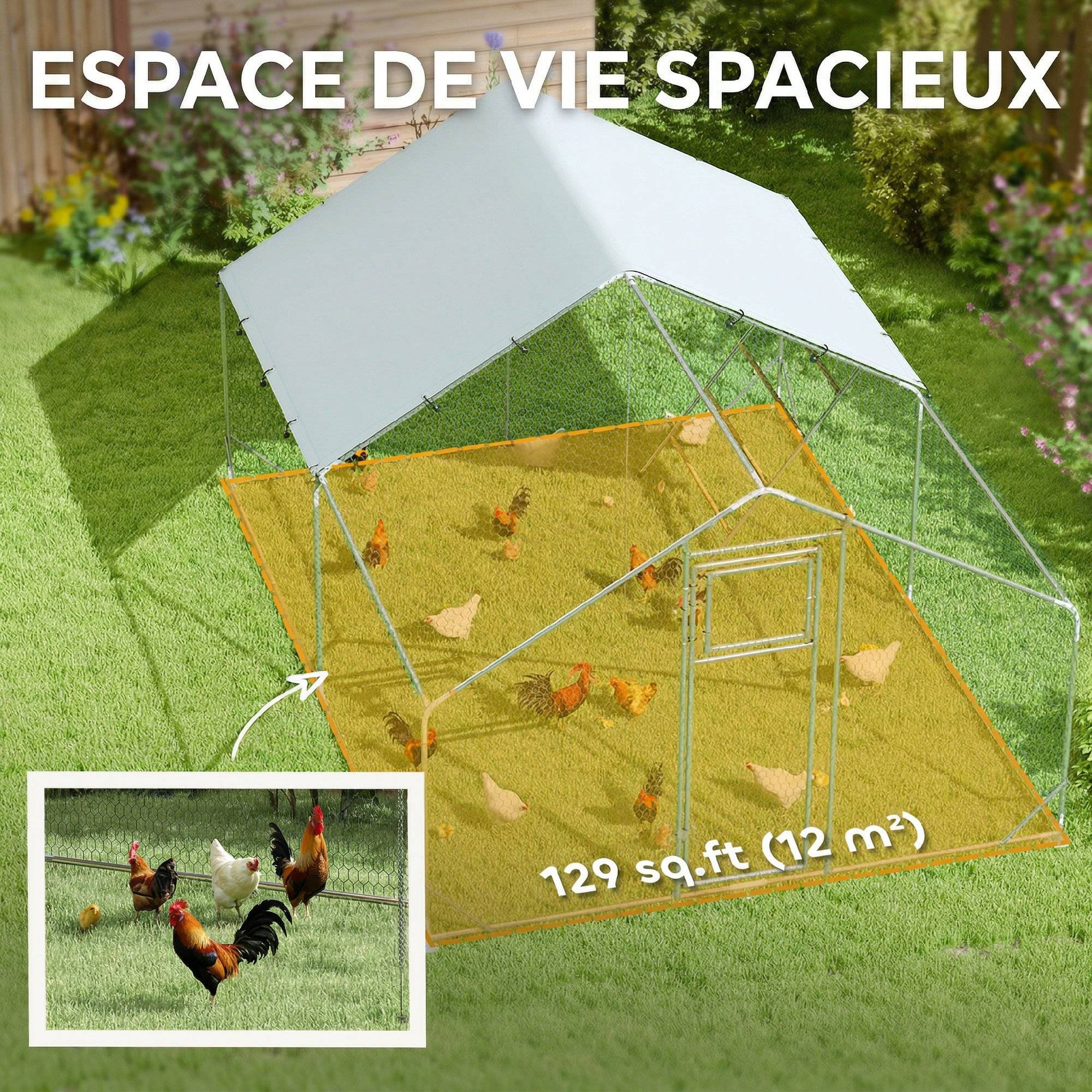 Sans Marque - Enclos poulailler extérieur parc grillagé 12 m² avec perchoir et mangeoire acier galvanisé Ø25mm 300x400x195cm argent - Image 6