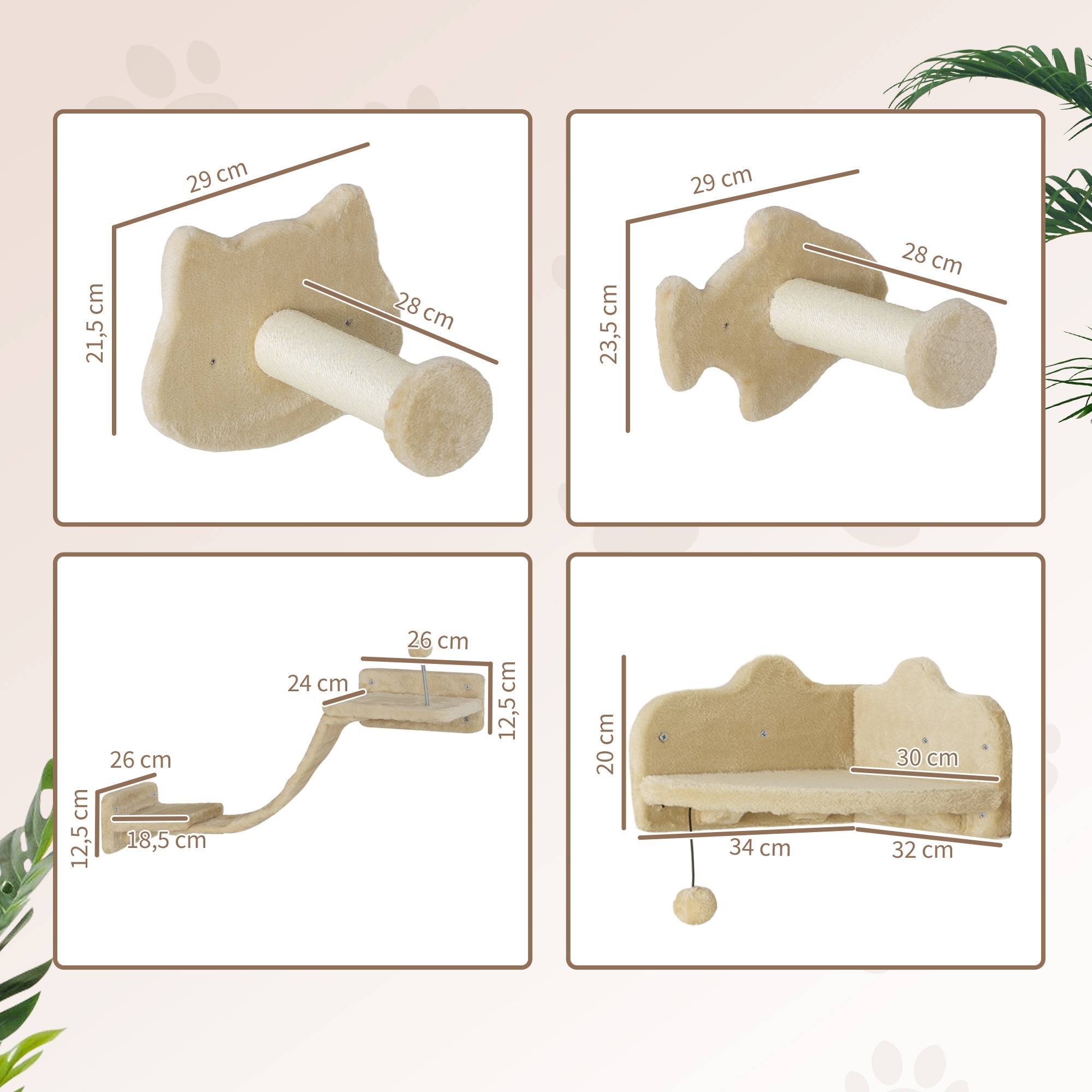 Sans Marque - Arbre à chat mural avec 2 poteaux en sisal, double plateforme avec échelle souple et 1 plateforme de saut, beige - Image 5