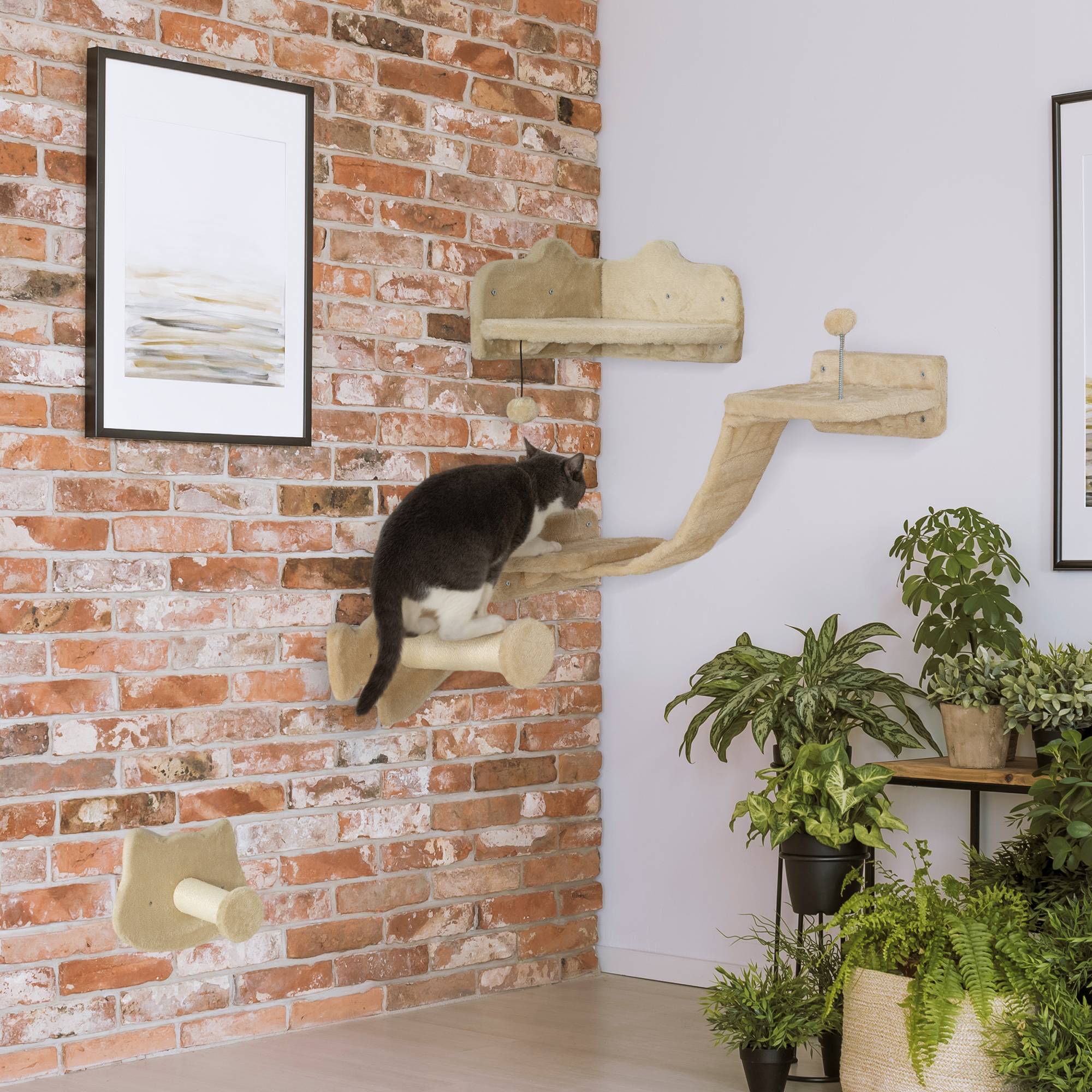Sans Marque - Arbre à chat mural avec 2 poteaux en sisal, double plateforme avec échelle souple et 1 plateforme de saut, beige - Image 4