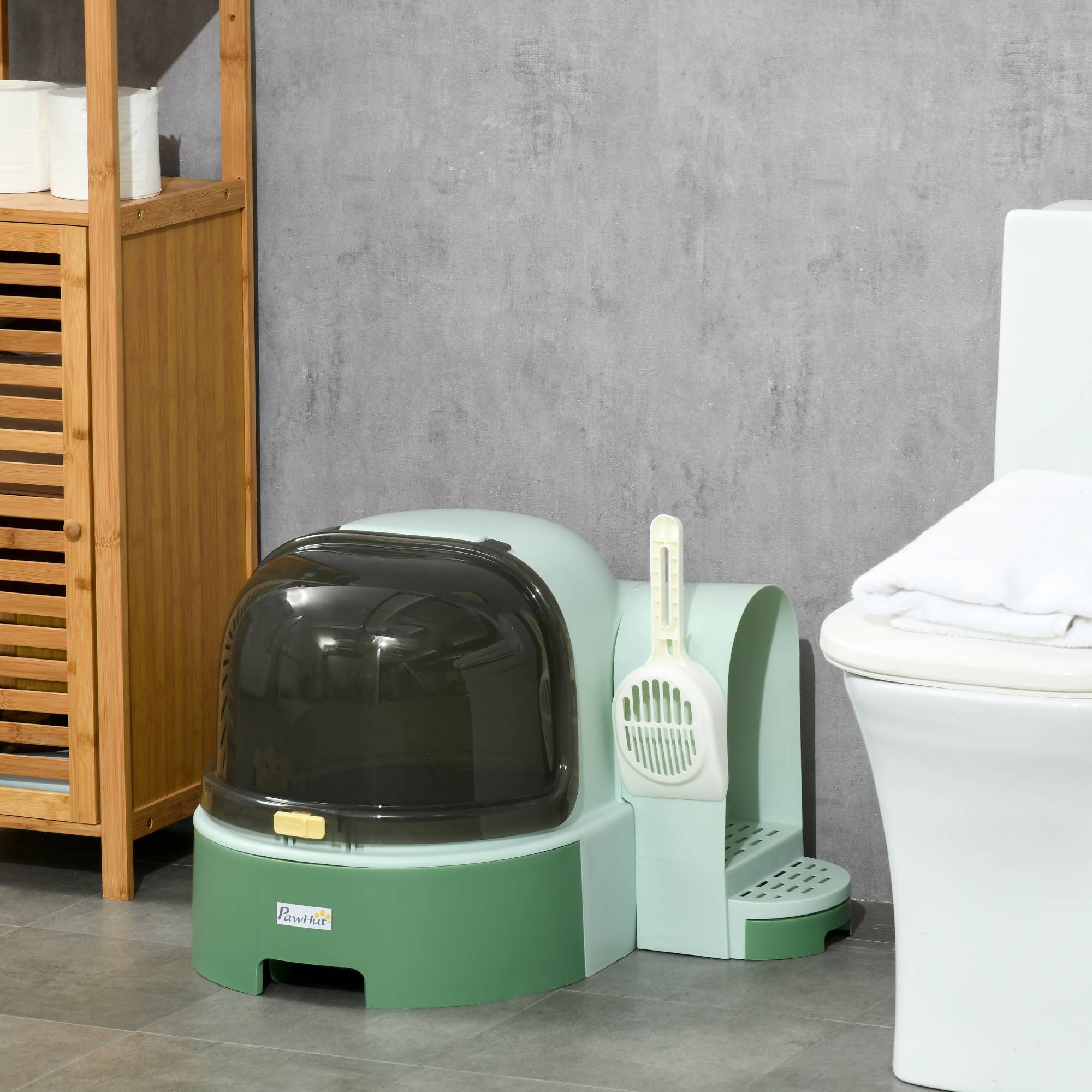 Bac à litière fermé double tiroir spacieux pour chat avec pelle anti-odeur vert et noir - ComfortXL Outdoor Living - Image 4