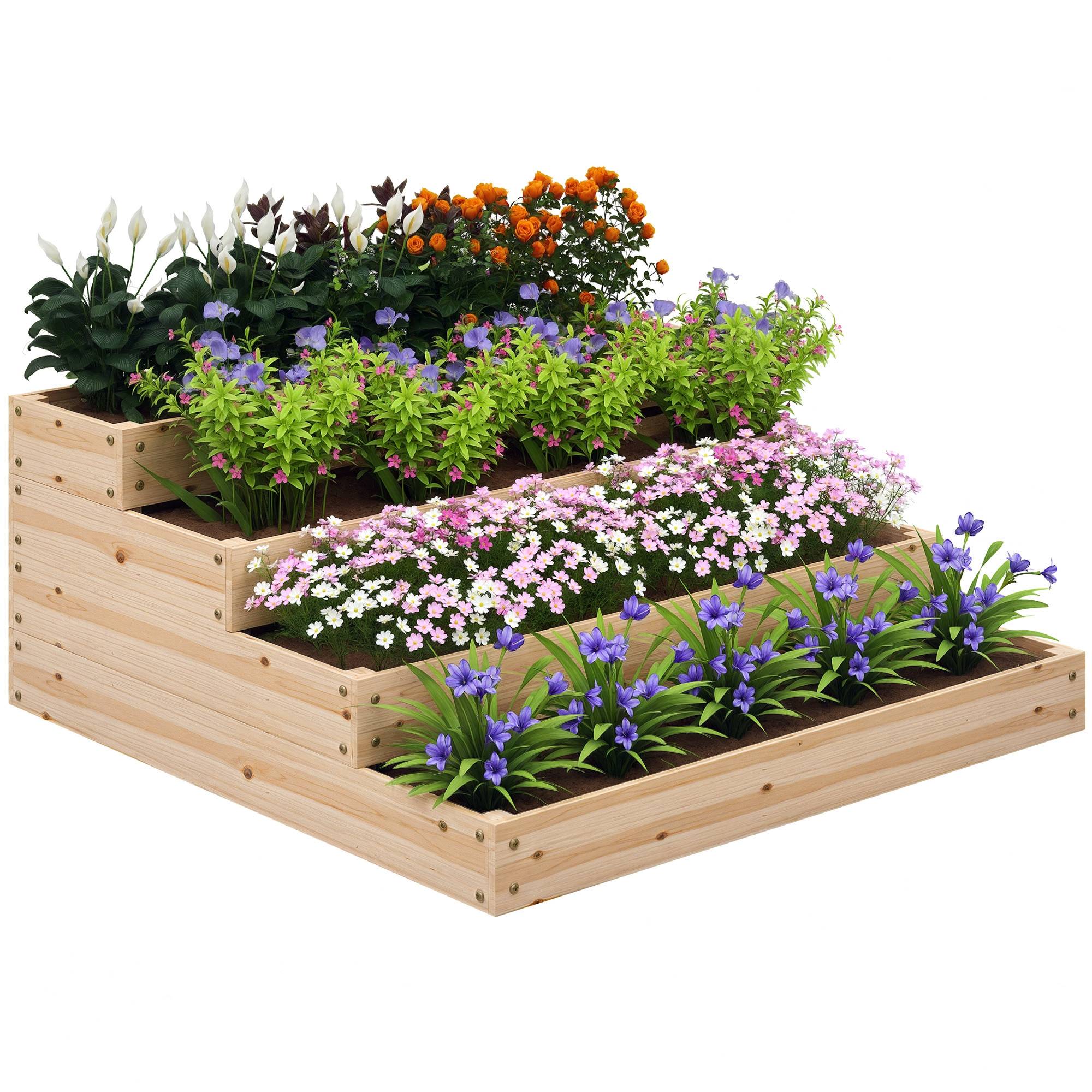 Sans Marque - Carré potager sans fond 4 étages herbes légumes fruits fleurs 113x113x46 cm bois naturel - Image 1