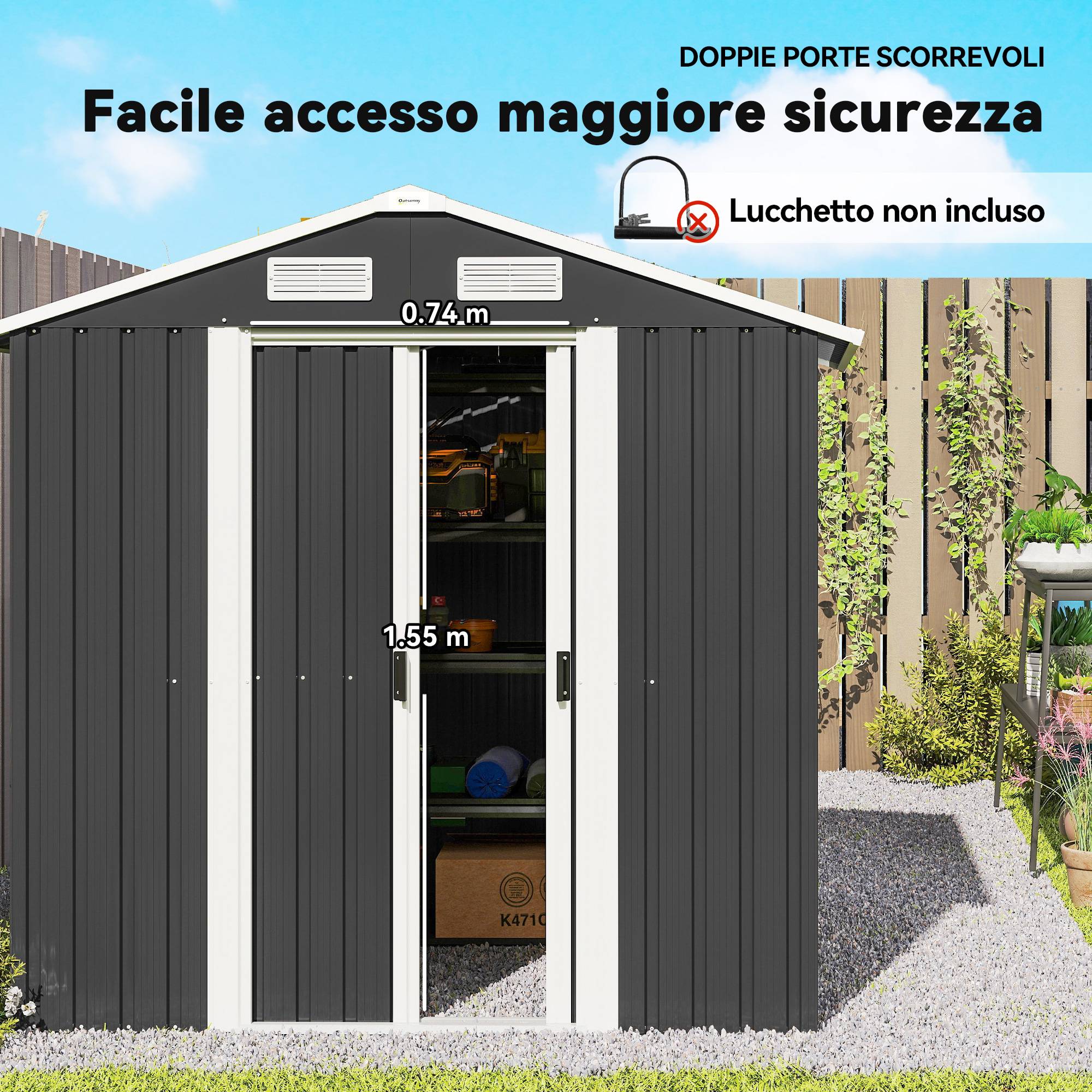 Abri de jardin acier galvanisé grand volume rangement double porte 196x159x188cm noir - ComfortXL Outdoor Living - Image 9