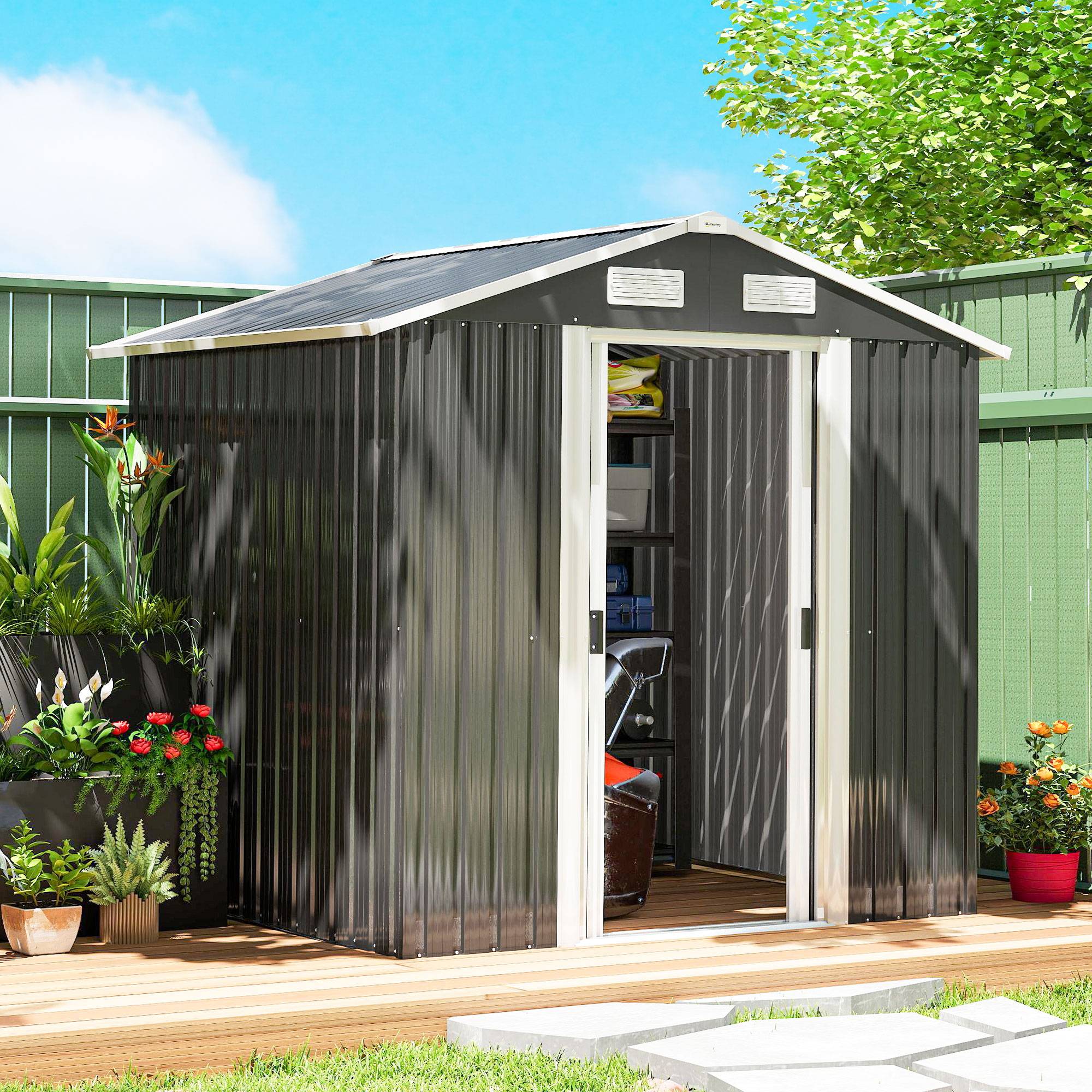 Abri de jardin acier galvanisé grand volume rangement double porte 196x159x188cm noir - ComfortXL Outdoor Living - Image 3